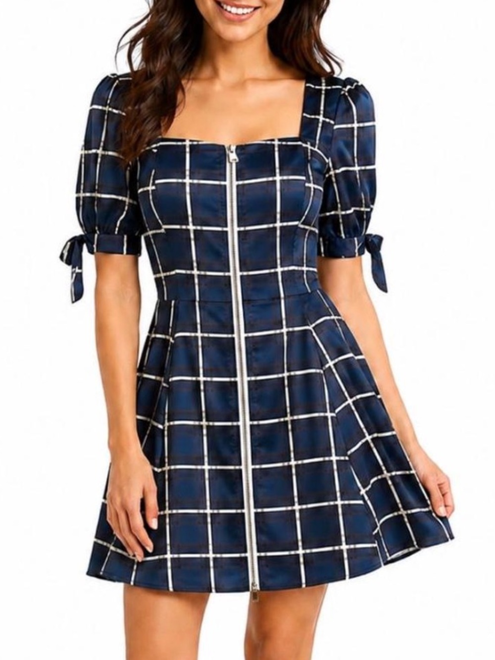 Aqua Blue Satin Plaid Square Puffed Sleeve Front Zipper A Line Skater Mini Dress